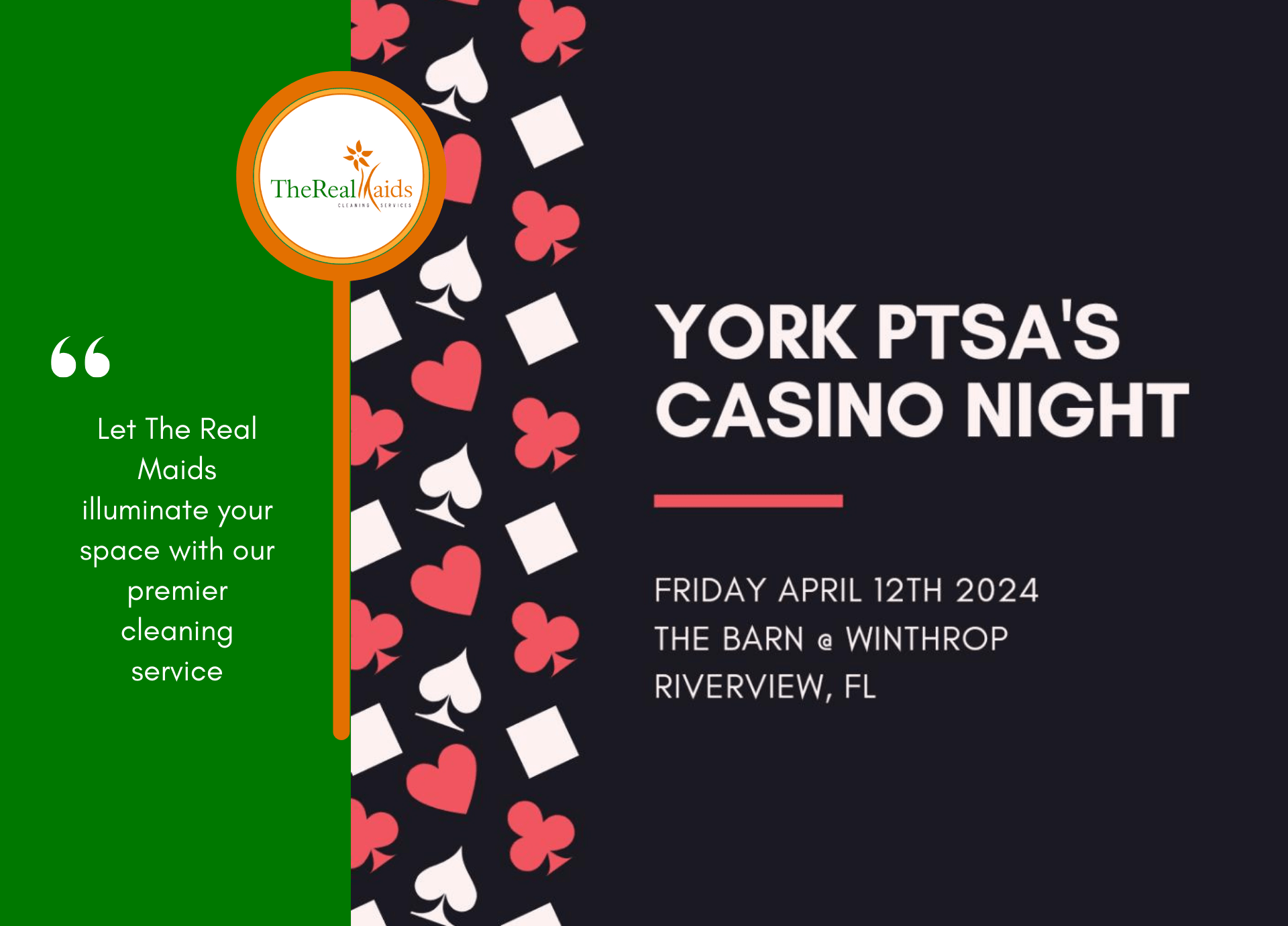 An engaging image from York PTSA's Casino Night featuring The Real Maids' booth or sponsorship, showcasing their signature cleaning services amidst a lively casino-themed event.