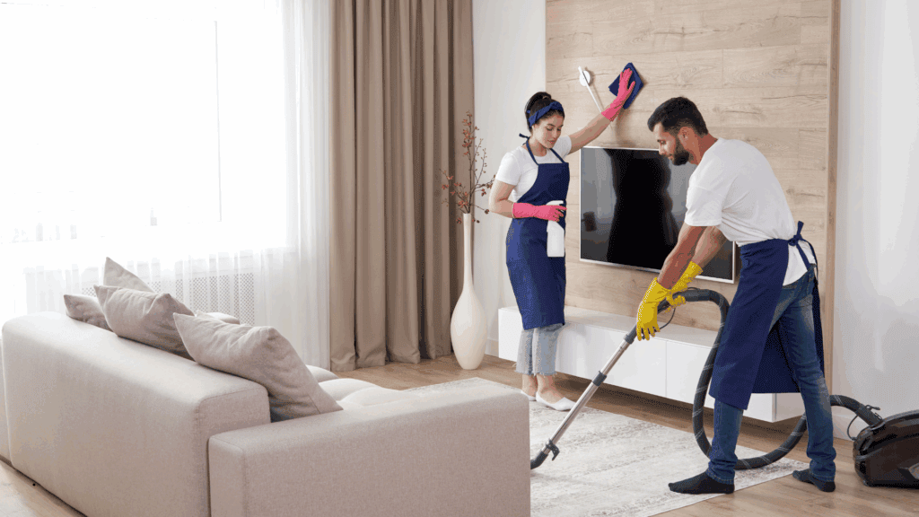 The Real Maids housekeeping team cleaning a Tampa Bay living room